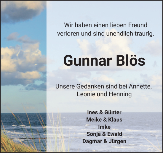 Traueranzeige von Gunnar Blös von WZ/JW/AH