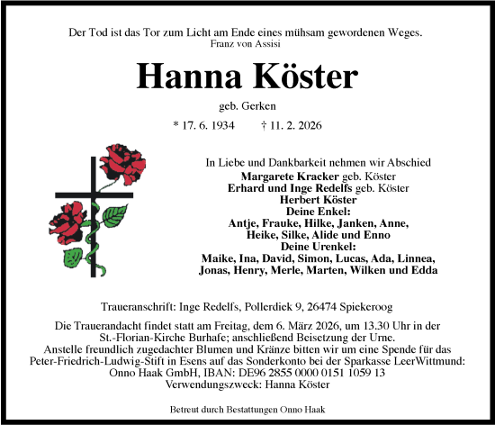 Traueranzeige von Hanna Köster von WZ/JW/AH