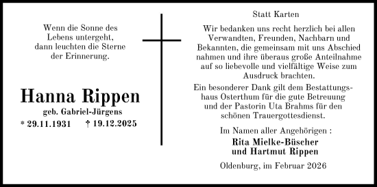 Traueranzeige von Hanna Rippen von Nordwest-Zeitung
