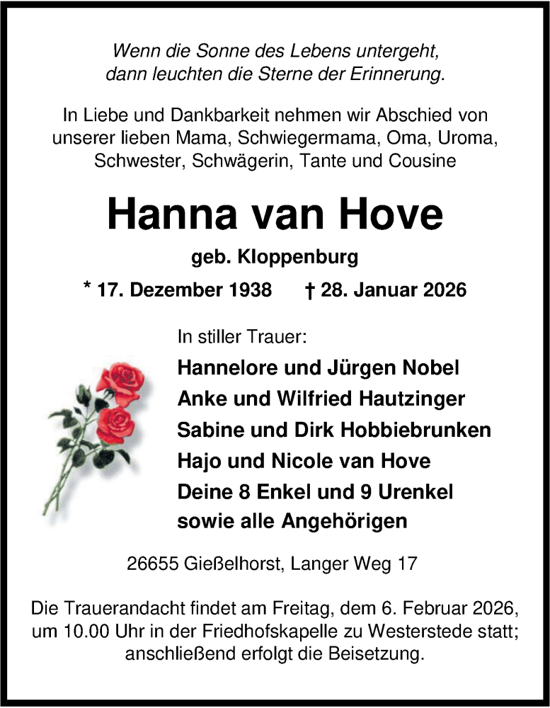  Traueranzeige für Hanna van Hove vom 03.02.2026 aus Nordwest-Zeitung