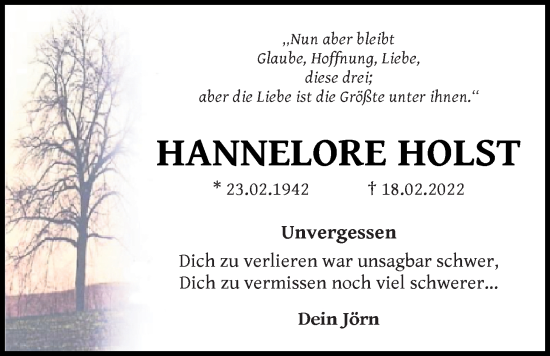 Traueranzeige von Hannelore Holst von Nordwest-Zeitung