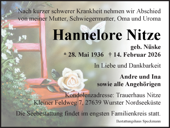 Traueranzeige von Hannelore Nitze von Nordwest-Zeitung