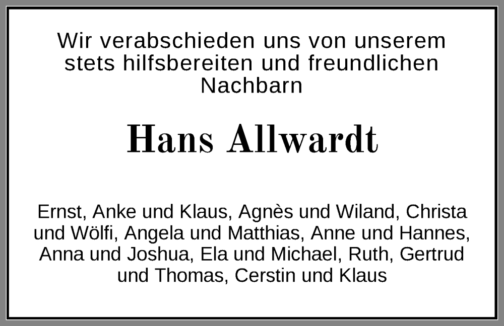  Traueranzeige für Hans Allwardt vom 07.02.2026 aus Nordwest-Zeitung
