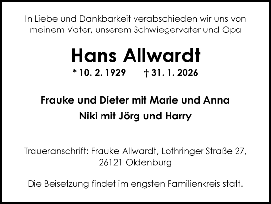 Traueranzeige von Hans Allwardt von Nordwest-Zeitung