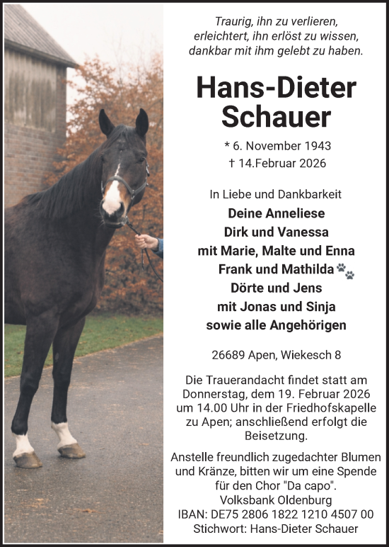 Traueranzeige von Hans-Dieter Schauer von Nordwest-Zeitung