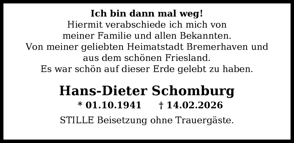  Traueranzeige für Hans-Dieter Schomburg vom 17.02.2026 aus WZ/JW/AH