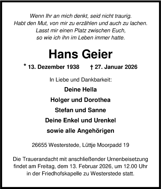 Traueranzeige von Hans Geier von Nordwest-Zeitung
