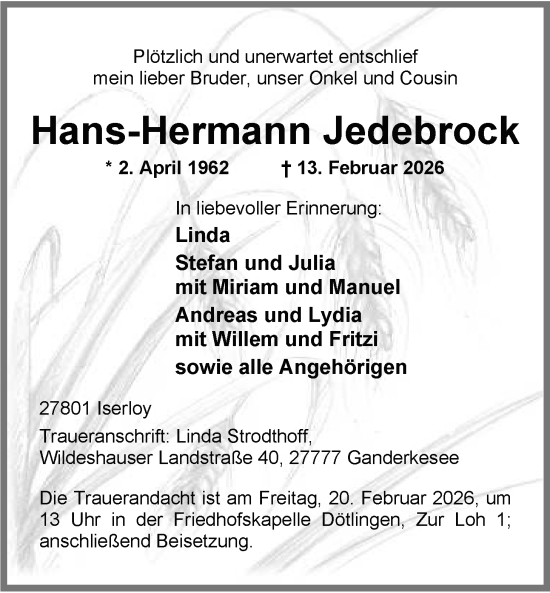 Traueranzeige von Hans-Hermann Jedebrock von Nordwest-Zeitung