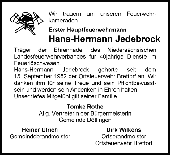Traueranzeige von Hans-Hermann Jedebrock von Nordwest-Zeitung