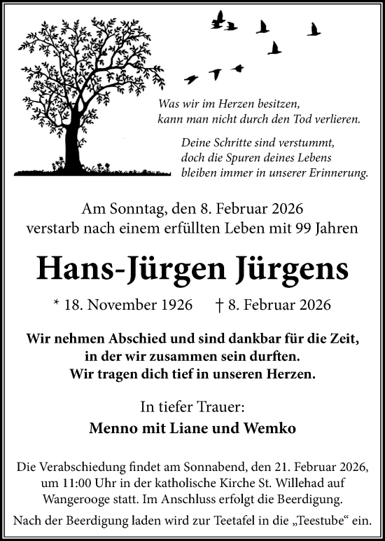 Traueranzeige von Hans-Jürgen Jürgens von WZ/JW/AH