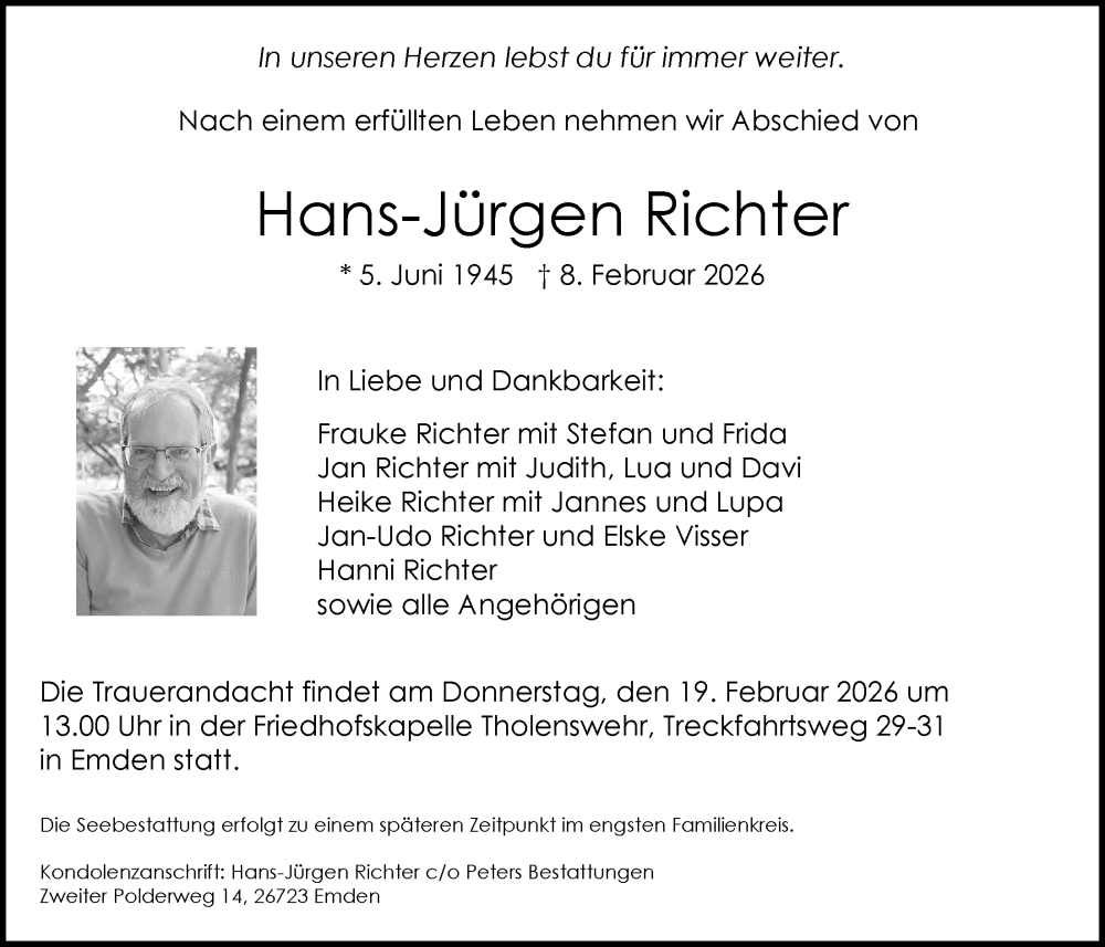  Traueranzeige für Hans-Jürgen Richter vom 14.02.2026 aus Emder Zeitung