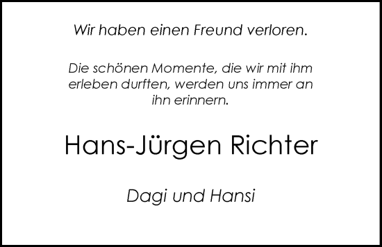 Traueranzeige von Hans-Jürgen Richter von Emder Zeitung