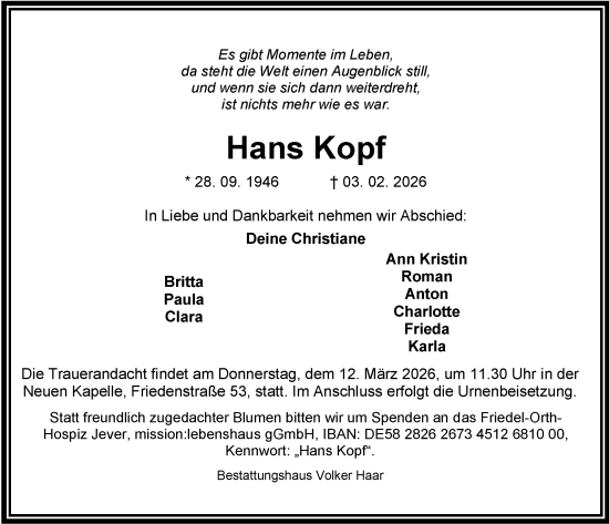 Traueranzeige von Hans Kopf von WZ/JW/AH