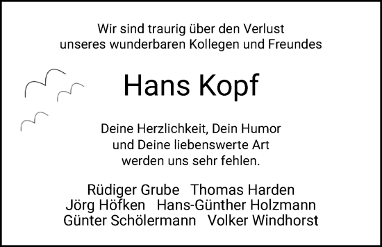 Traueranzeige von Hans Kopf von WZ/JW/AH