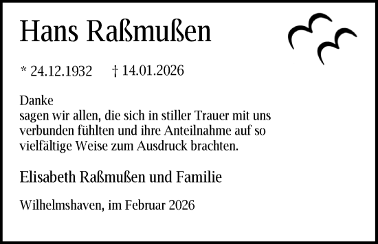 Traueranzeige von Hans Raßmußen von WZ/JW/AH