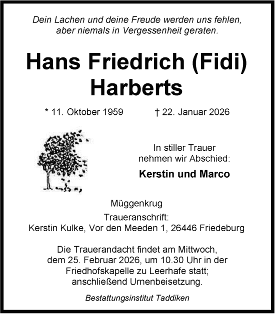 Traueranzeige von Hans Friedrich Harberts von WZ/JW/AH