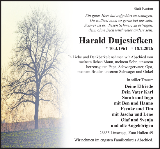 Traueranzeige von Harald Dujesiefken von Nordwest-Zeitung