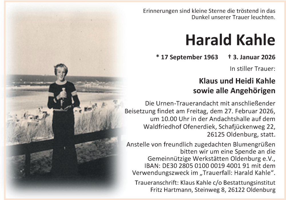  Traueranzeige für Harald Kahle vom 14.02.2026 aus Nordwest-Zeitung