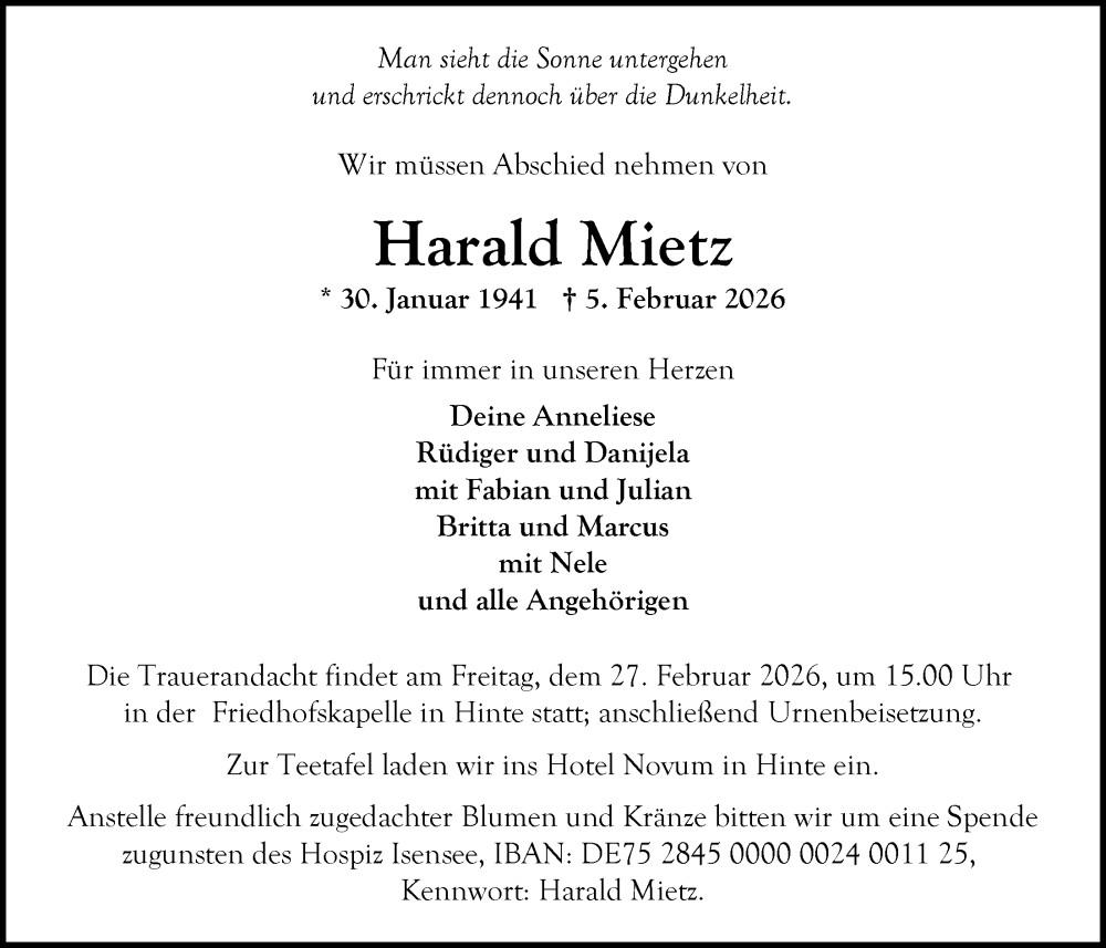  Traueranzeige für Harald Mietz vom 14.02.2026 aus Emder Zeitung