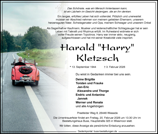 Traueranzeige von Harald Harry Kletzsch von WZ/JW/AH
