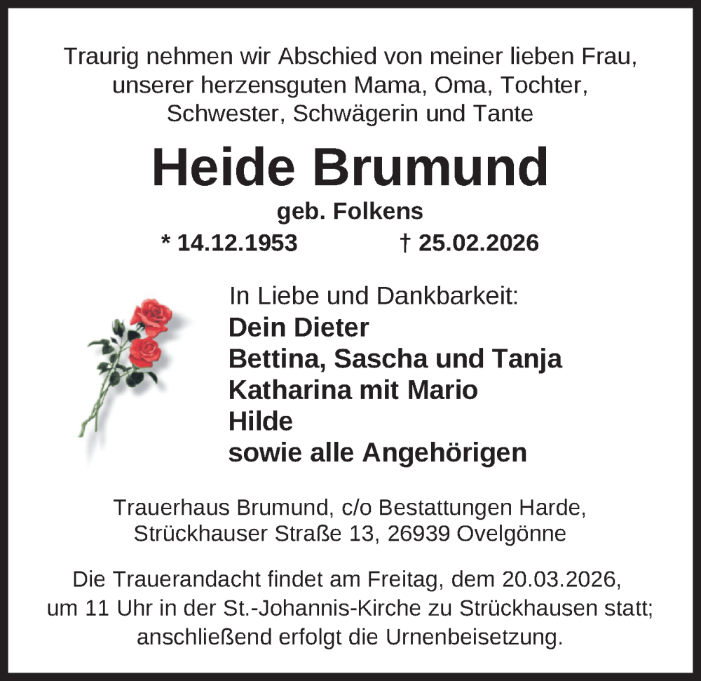  Traueranzeige für Heide Brumund vom 27.02.2026 aus Nordwest-Zeitung