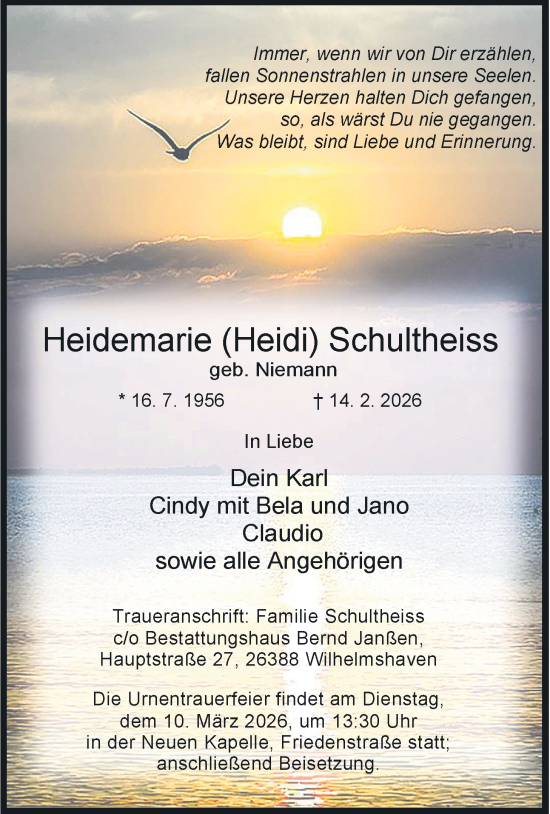 Traueranzeige von Heidemarie Schultheiss von WZ/JW/AH