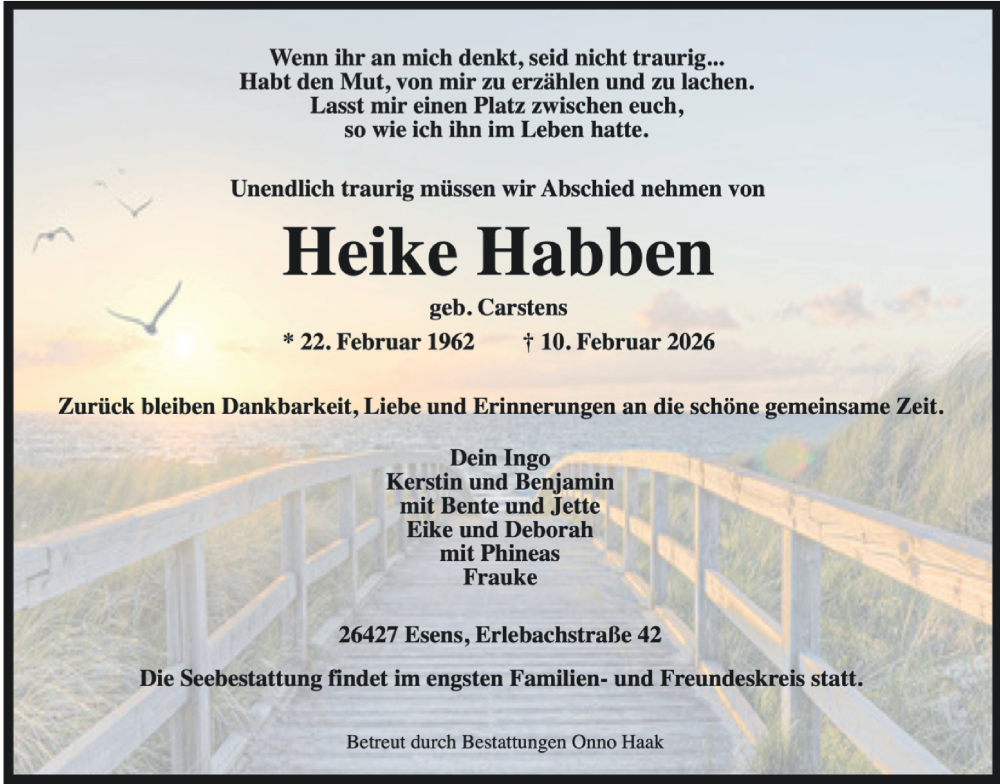  Traueranzeige für Heike Habben vom 13.02.2026 aus WZ/JW/AH