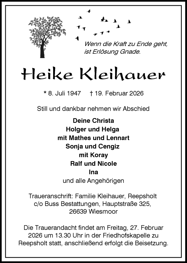  Traueranzeige für Heike Kleihauer vom 24.02.2026 aus WZ/JW/AH