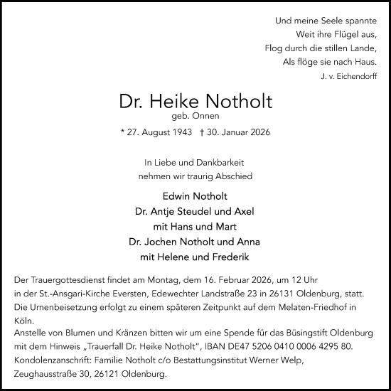 Traueranzeige von Heike Notholt von Nordwest-Zeitung