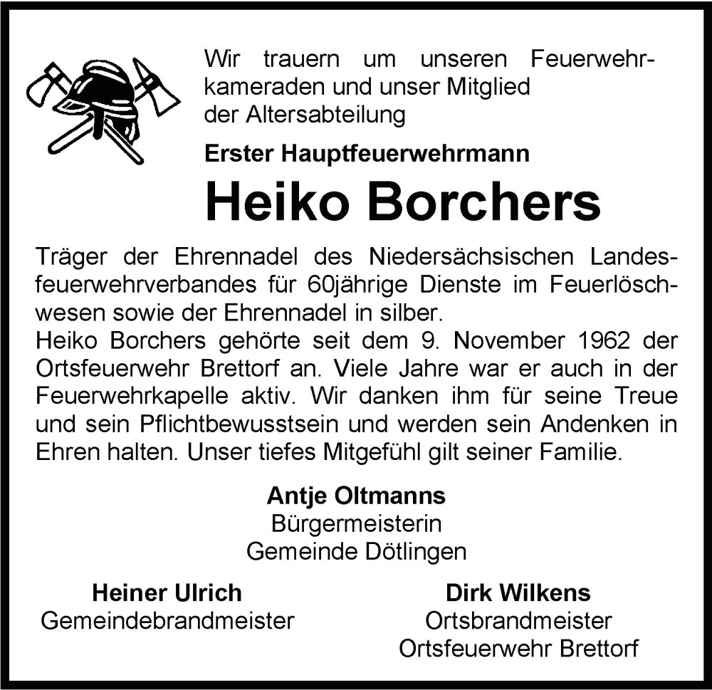 Traueranzeige für Heiko Borchers vom 10.02.2026 aus Nordwest-Zeitung