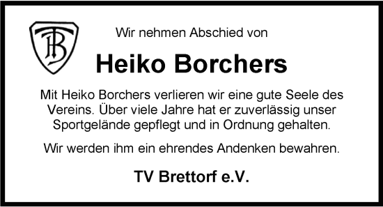 Traueranzeige von Heiko Borchers von Nordwest-Zeitung