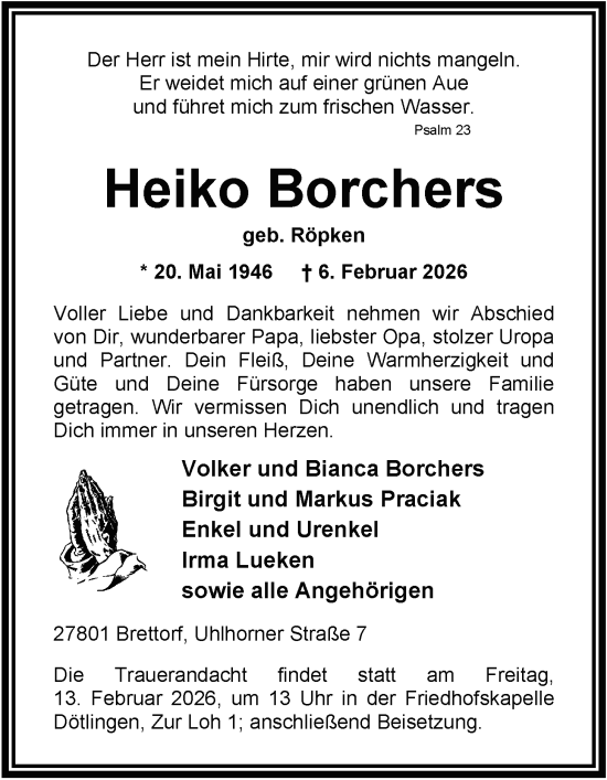 Traueranzeige von Heiko Borchers von Nordwest-Zeitung