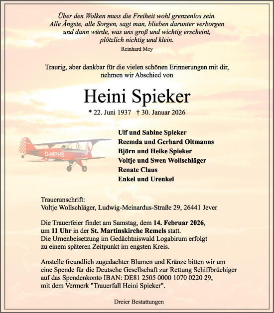Traueranzeige von Heini Spieker von Nordwest-Zeitung