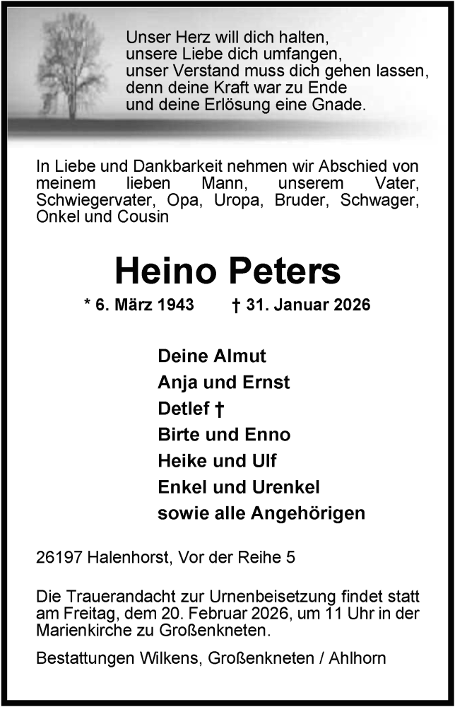  Traueranzeige für Heino Peters vom 06.02.2026 aus Nordwest-Zeitung