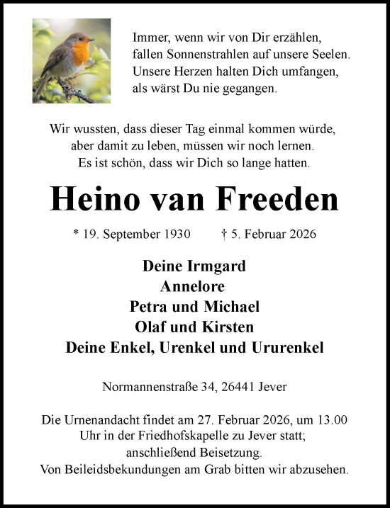 Traueranzeige von Heino van Freeden von WZ/JW/AH