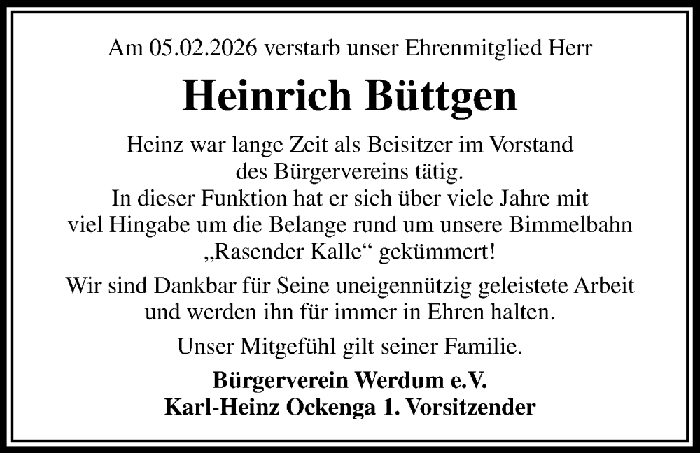  Traueranzeige für Heinrich Büttgen vom 13.02.2026 aus WZ/JW/AH
