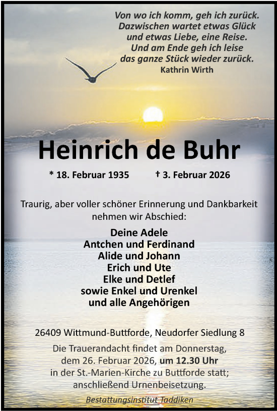 Traueranzeige von Heinrich de Buhr von WZ/JW/AH