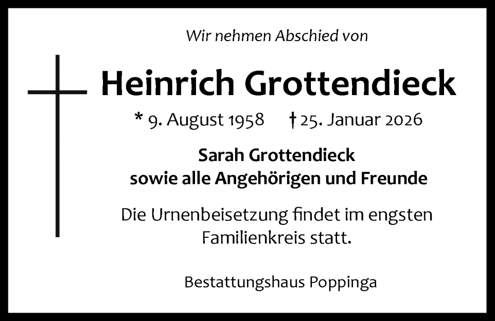  Traueranzeige für Heinrich Grottendieck vom 07.02.2026 aus Emder Zeitung