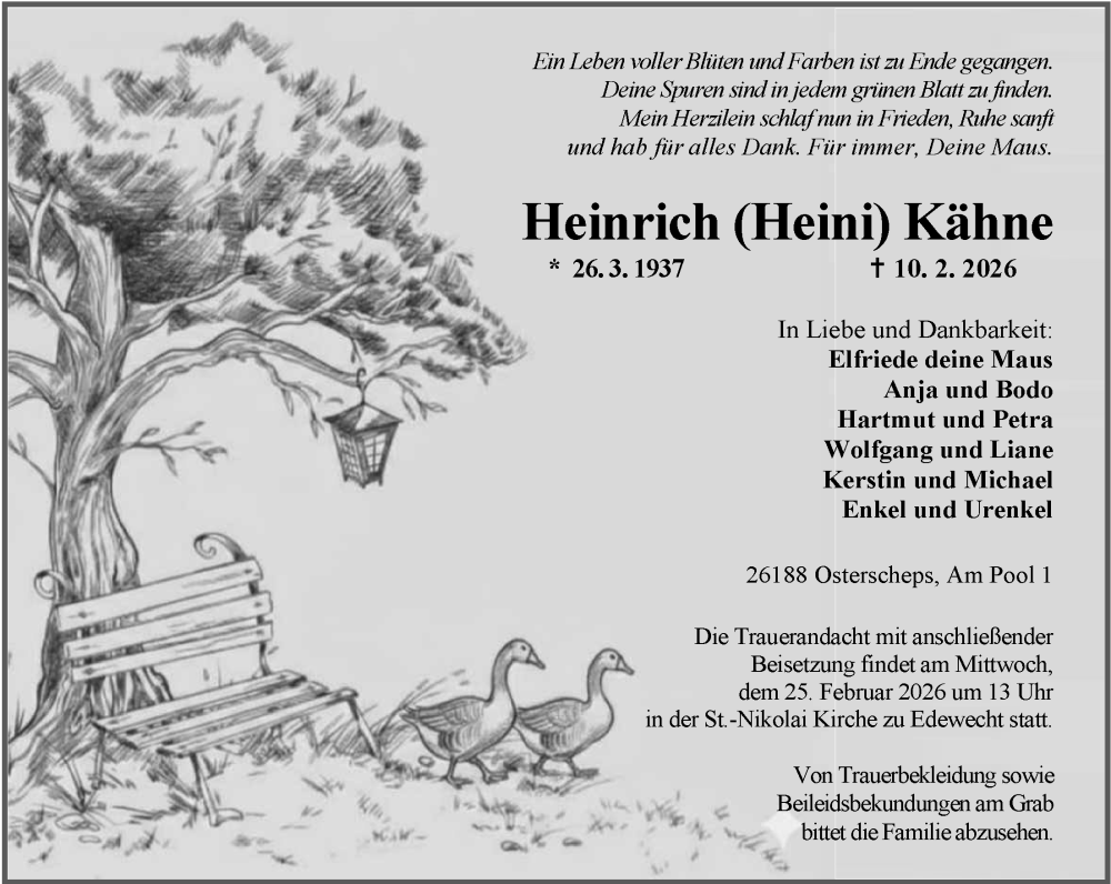  Traueranzeige für Heinrich Kähne vom 21.02.2026 aus Nordwest-Zeitung