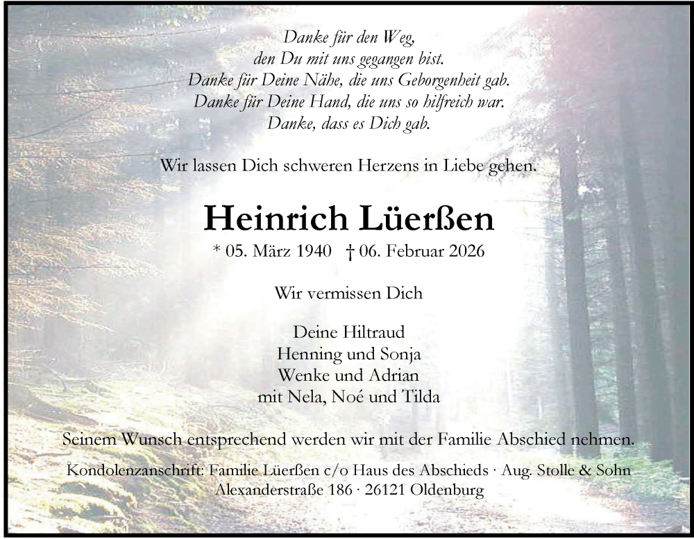  Traueranzeige für Heinrich Lüerßen vom 14.02.2026 aus Nordwest-Zeitung
