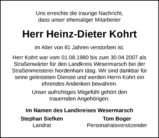 Traueranzeige von Heinz-Dieter Kohrt von Nordwest-Zeitung
