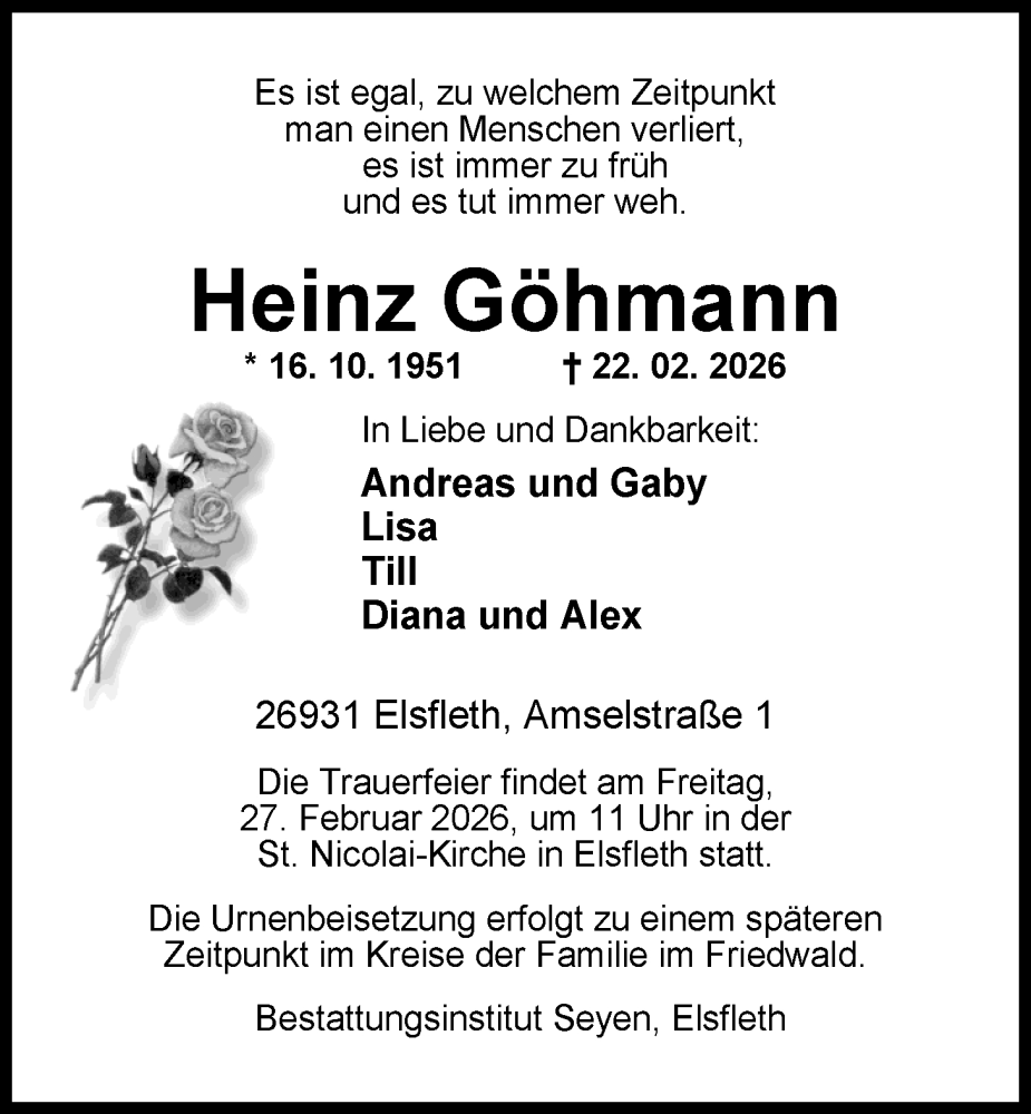  Traueranzeige für Heinz Göhmann vom 25.02.2026 aus Nordwest-Zeitung