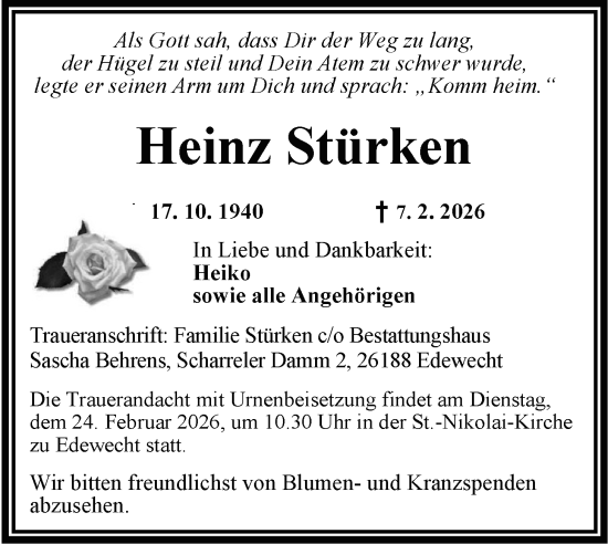 Traueranzeige von Heinz Stürken von Nordwest-Zeitung