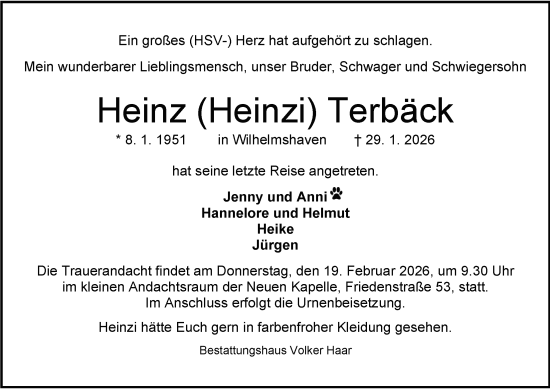 Traueranzeige von Heinz Terbäck von WZ/JW/AH