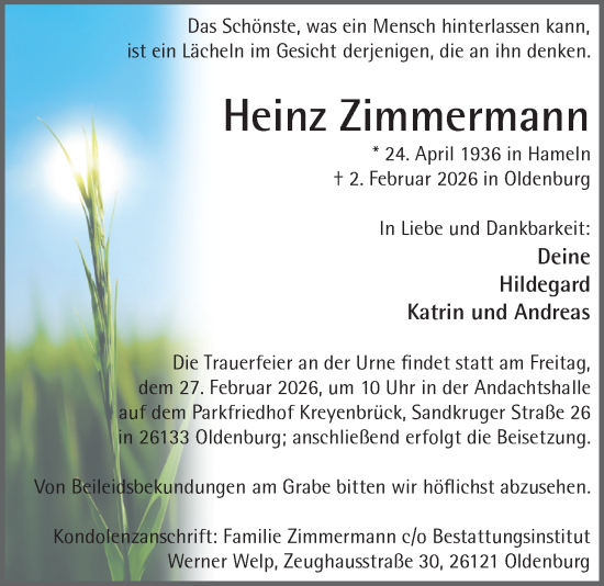 Traueranzeige von Heinz Zimmermann von Nordwest-Zeitung