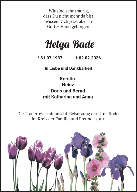 Traueranzeige von Helga Bade von WZ/JW/AH