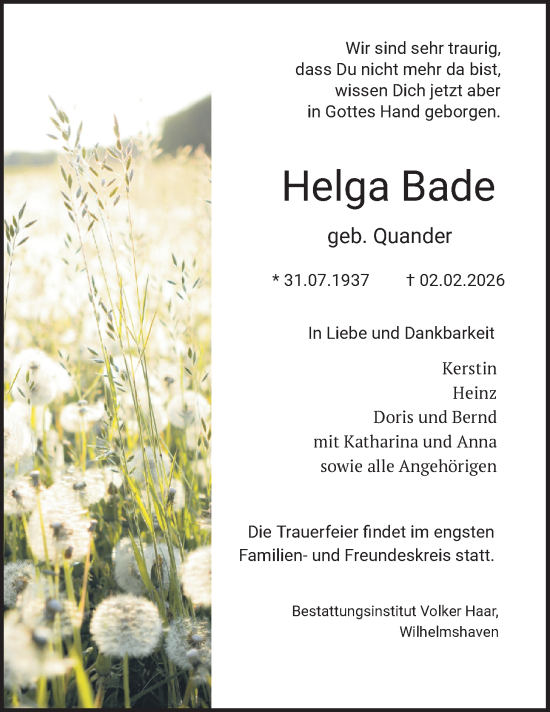 Traueranzeige von Helga Bade von Nordwest-Zeitung