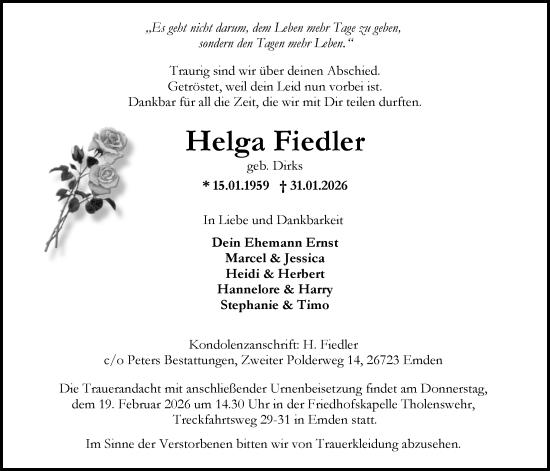 Traueranzeige von Helga Fiedler von Emder Zeitung