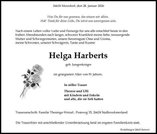 Traueranzeige von Helga Harberts von Emder Zeitung