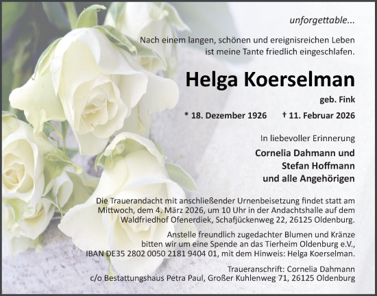 Traueranzeige von Helga Koerselman von Nordwest-Zeitung